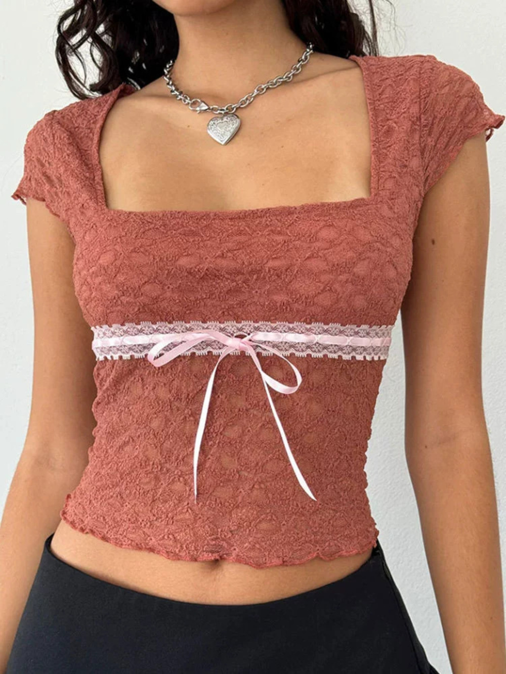 Zara Pink Lace Patchwork Square Neck Tie Front Slim Crop Pullover